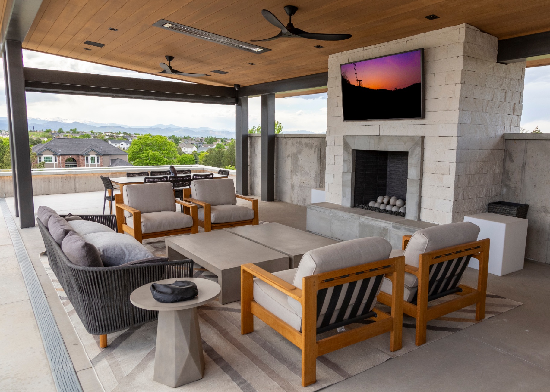 Covered Colorado patio with landscape audio and lighting